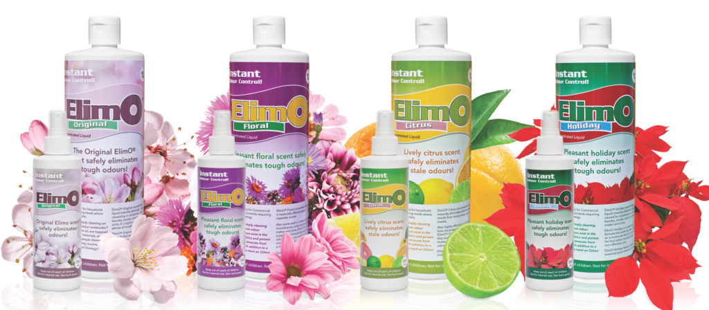 Four varieties of ElimO odour eliminator - Original, Floral, Citrus, and Holiday.