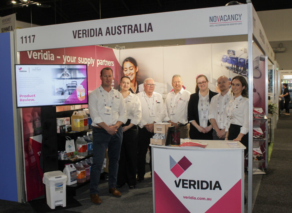 Veridia Australia stand and team members. From left to right, Adrian Scott, Lenka Jakimoski, Matthew Lindqvist, Stephen Gibbs, Kara Hills, Tim Gallantree, and Adelaide White